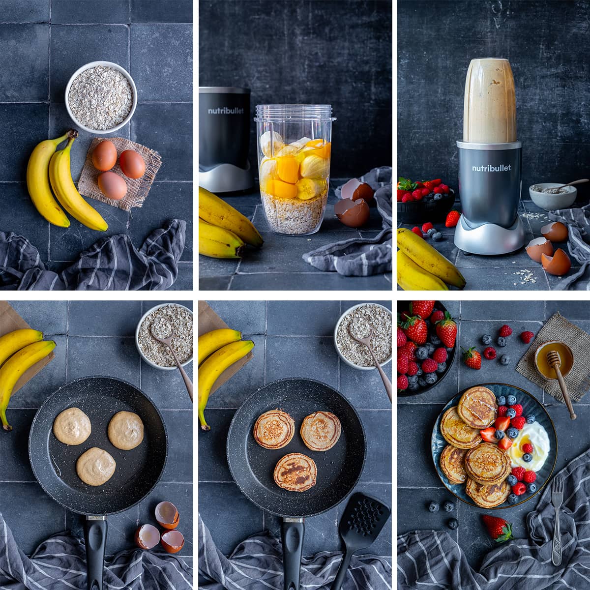 Collage showing 6 process shots for 3 Ingredient Banana Oat Egg Pancakes