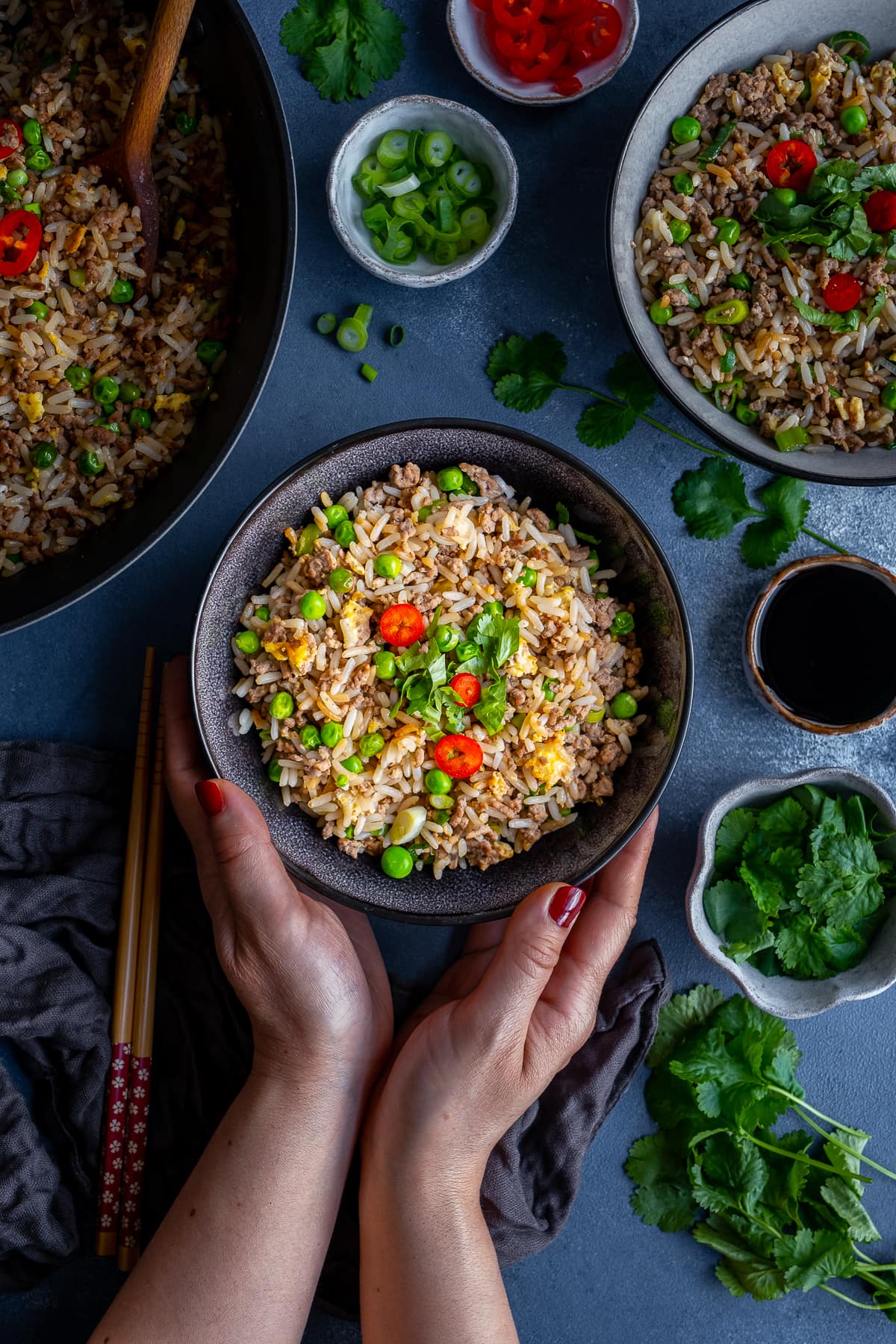 Overhead shot of Easy Beef Fried Rice with a woman's hands holding the bowl