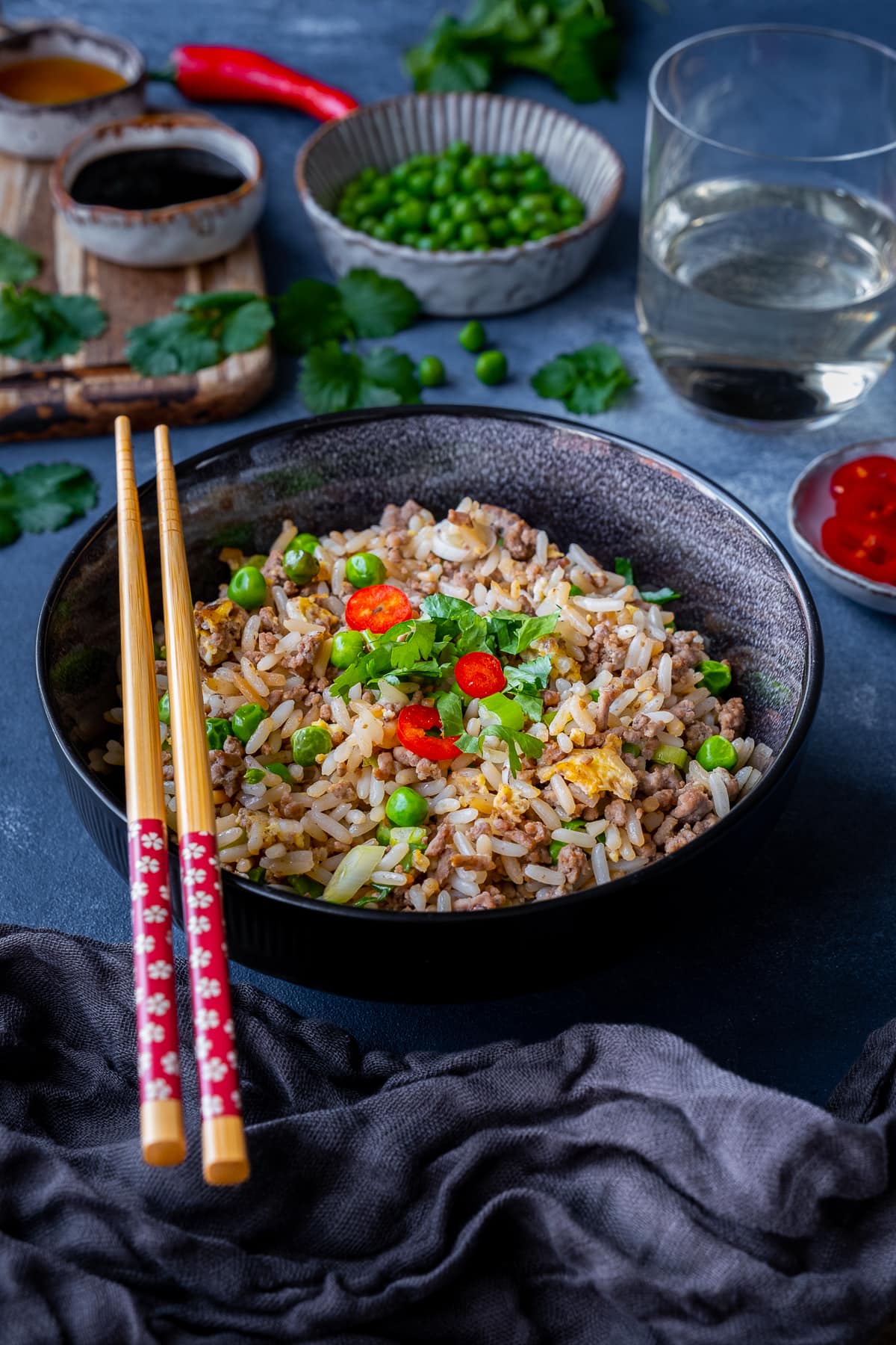 Easy Beef Fried Rice in a bowl, with chopsticks