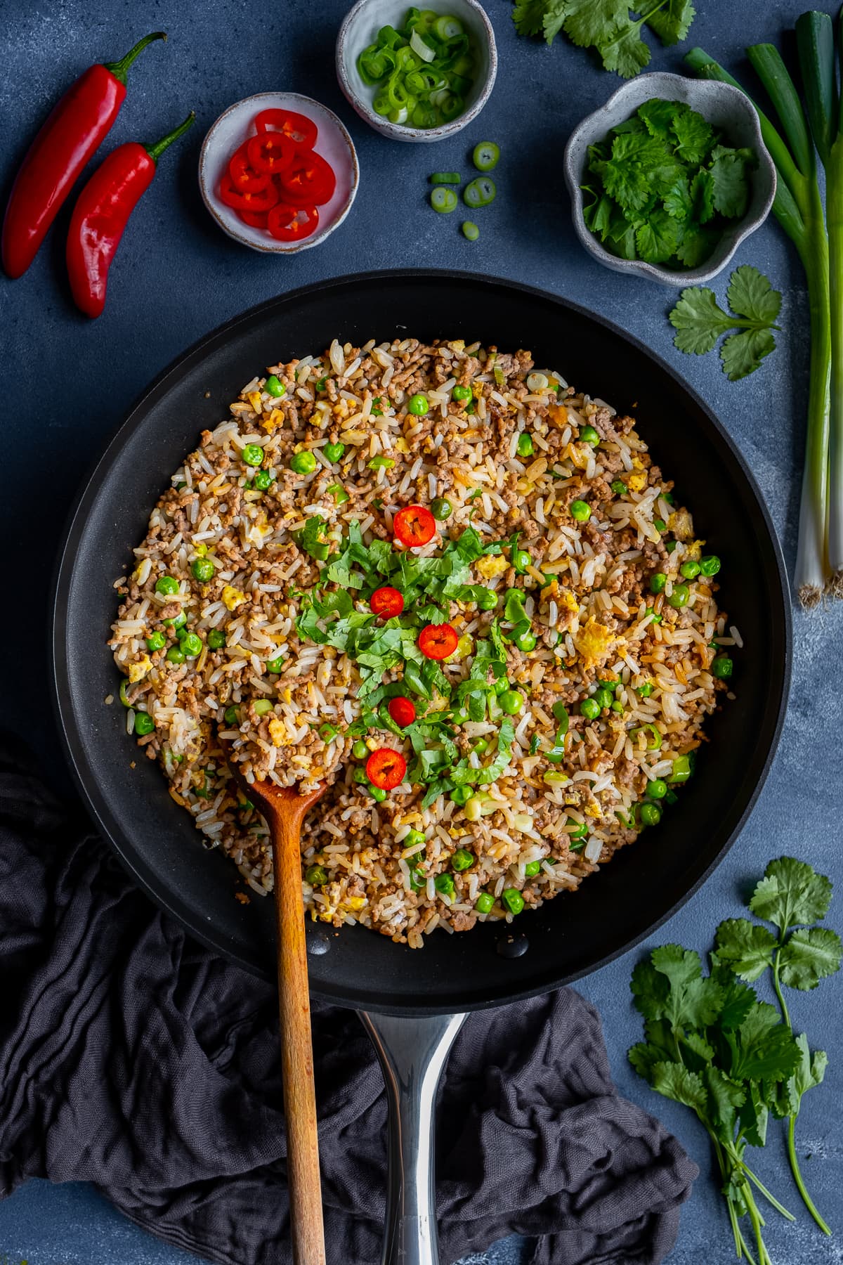 Overhead shot of Beef Fried Rice in the pan