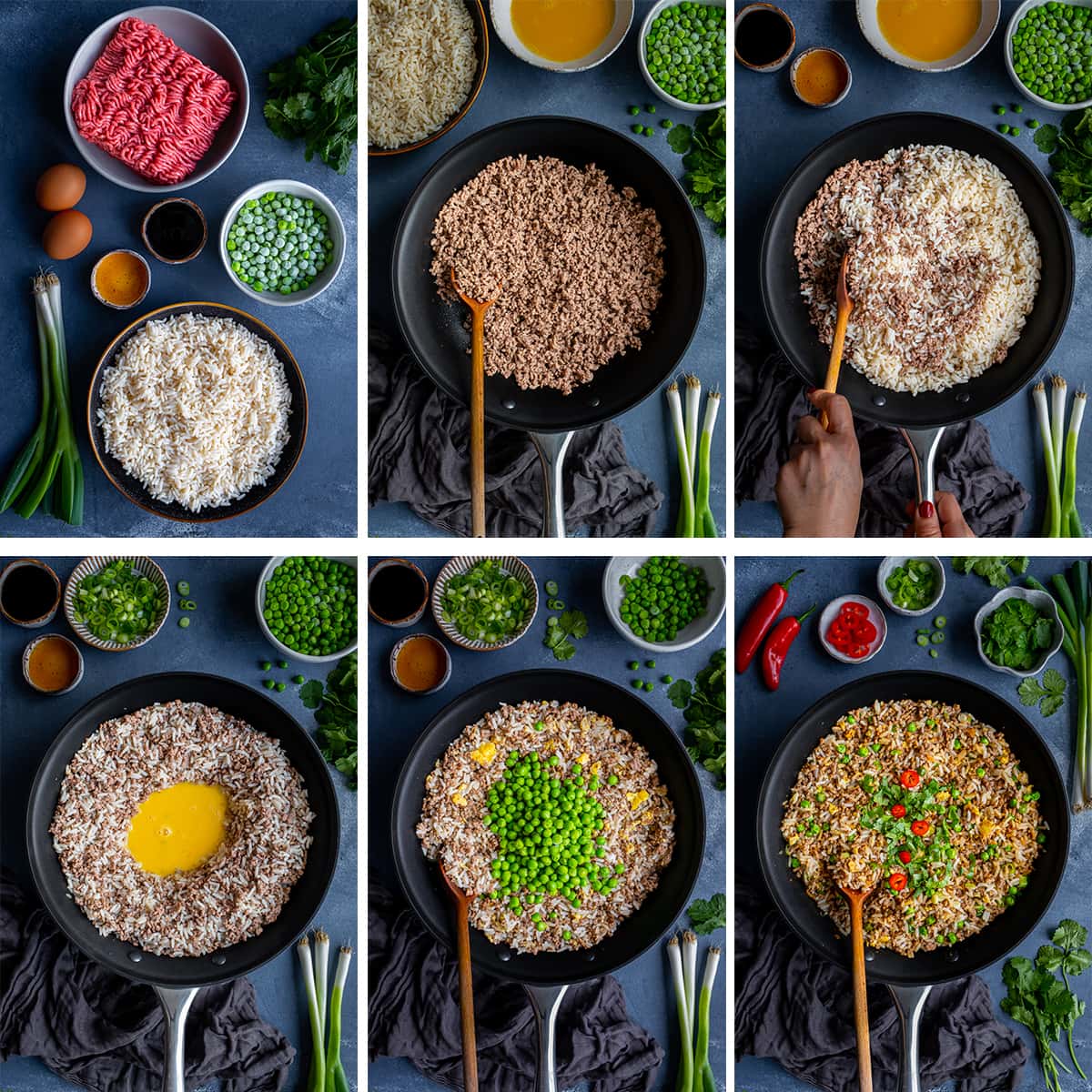 Collage showing 6 process shots for Easy Beef Fried Rice