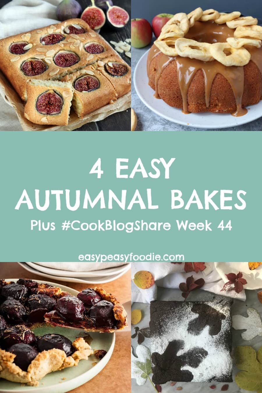 With wet, grey days and chilly, dark evenings - autumn is now in full swing. These 4 Easy Autumnal Bakes will make your house smell wonderful and cheer you up when the weather outside is miserable! Plus find the linky for #CookBlogShare Week 44. #baking #bakes #autumnbaking #fallbaking #fallbakes #autumnbakes #bundtcake #gingerbread #tartetatin #traybake #figs #autumnflavours #fallflavors #easybaking #easypeasyfoodie