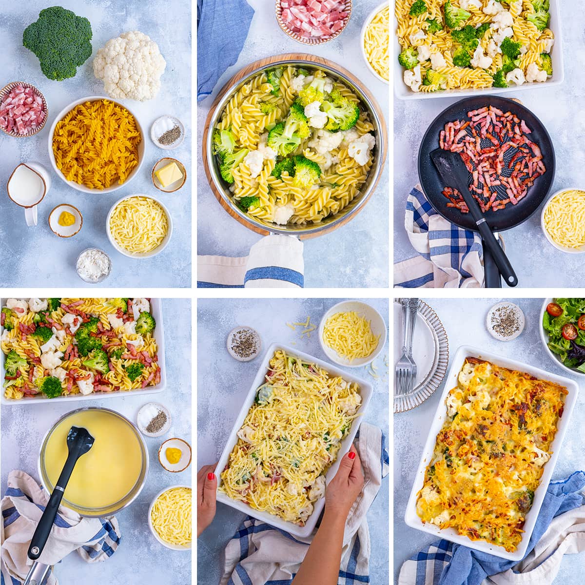 Collage showing 6 process shots for Cauliflower, Broccoli and Bacon Pasta Bake