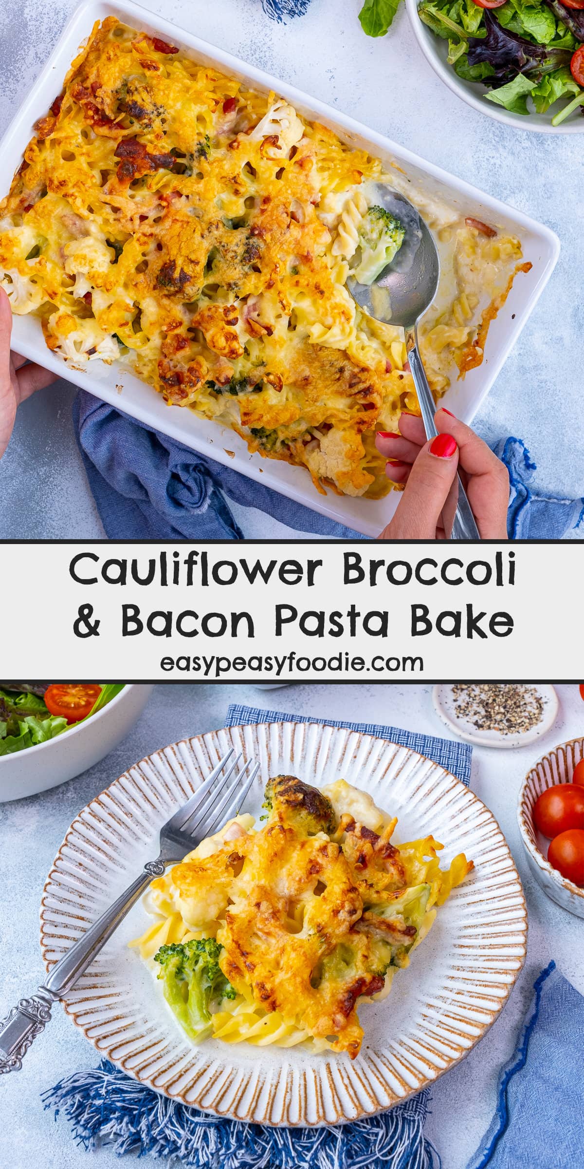 Cauliflower Broccoli and Bacon Pasta Bake Pin