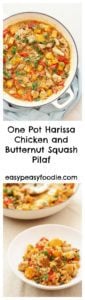 This easy peasy Harissa Chicken and Butternut Squash Pilaf takes less than 30 minutes to make and only uses one pan, yet tastes incredible. Perfect for busy days! #chicken #chickendinner #harissachicken #butternutsquash #chickenpilaf #harissapilaf #pilaf #easymidweekmeals #easyentertaining #easymeals #midweekmeals #easydinners #dinnertonight #dinnertonite #familydinners #familyfood #onepot #onepotdinner #glutenfree #dairyfree #easypeasyfoodie #cookblogshare