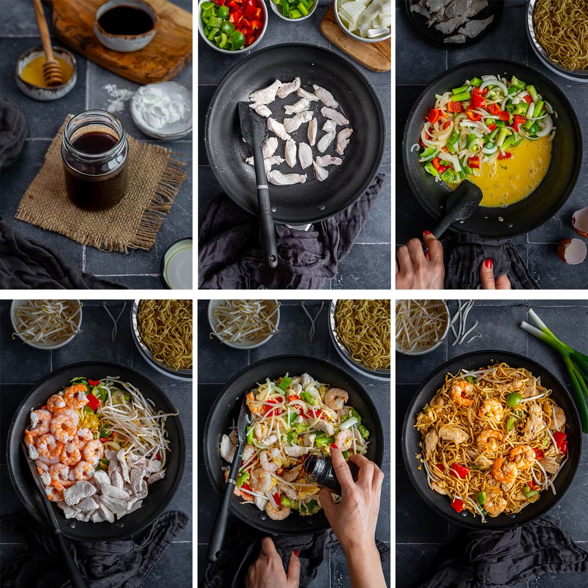 Collage showing 6 process shots for Chicken and Prawn Yaki Soba (Wagamama Copycat)