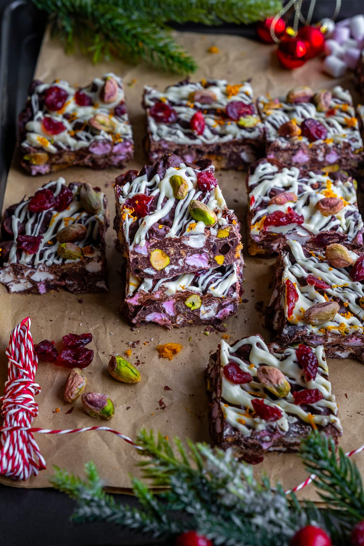 Squares of Christmas Rocky Road on baking paper