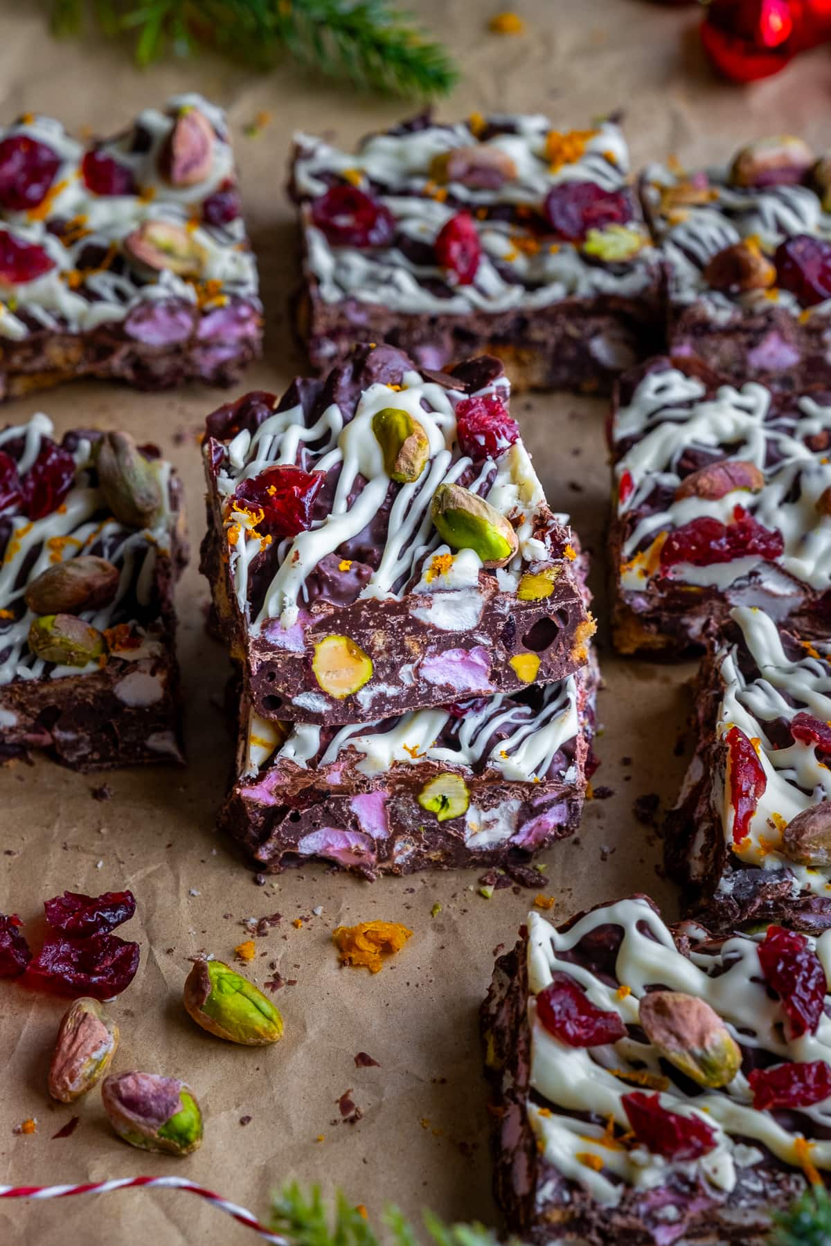 Squares of Christmas Rocky Road on baking paper