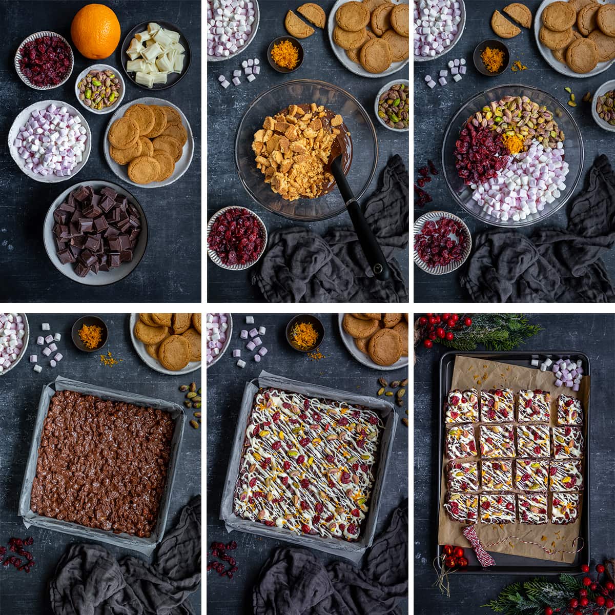 Collage showing 6 process shots for Christmas Rocky Road