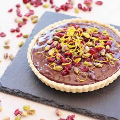 Chocolate Tart with Cranberries, Orange and Pistachios