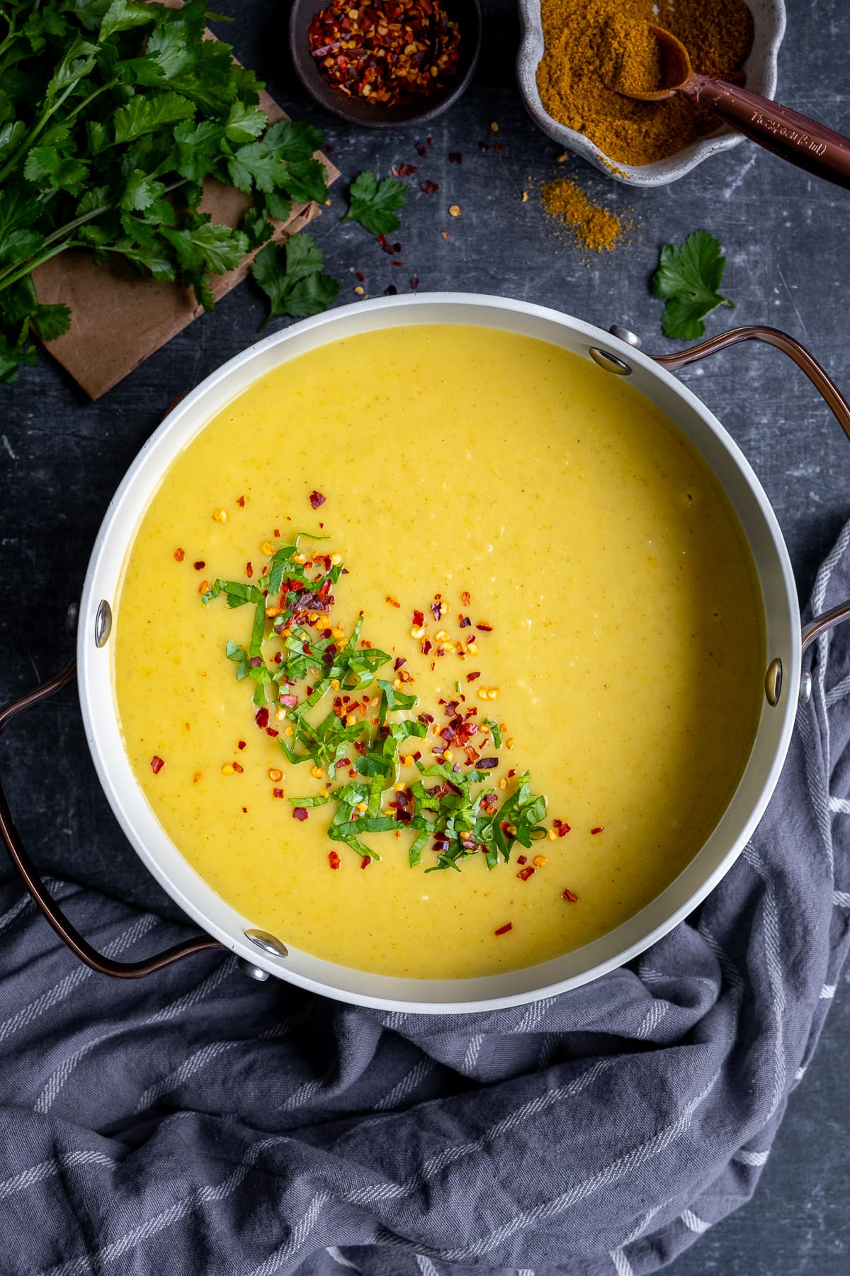 Overhead shot of Curried Parsnip Soup in the pan.