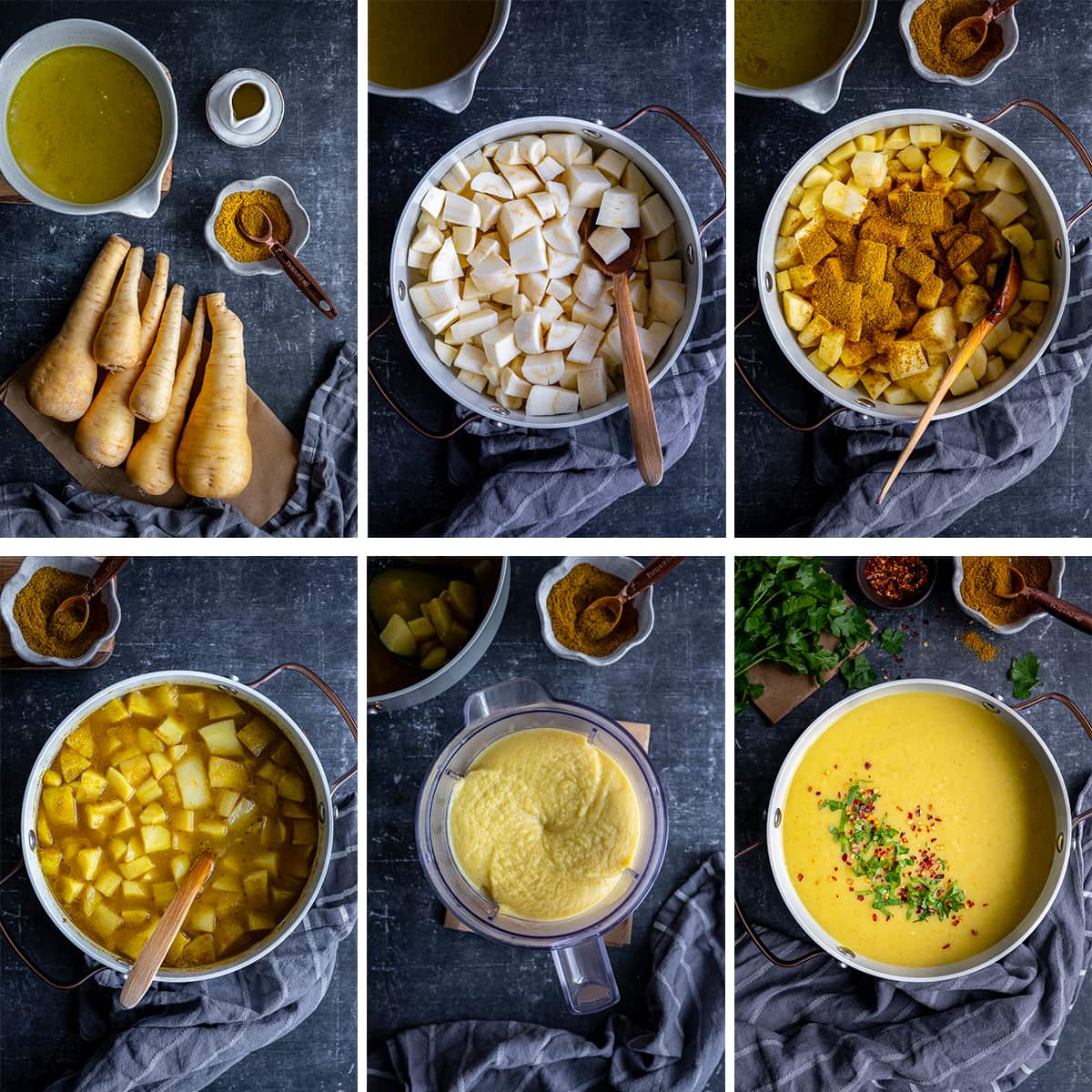 Collage showing 6 process shots for Curried Parsnip Soup