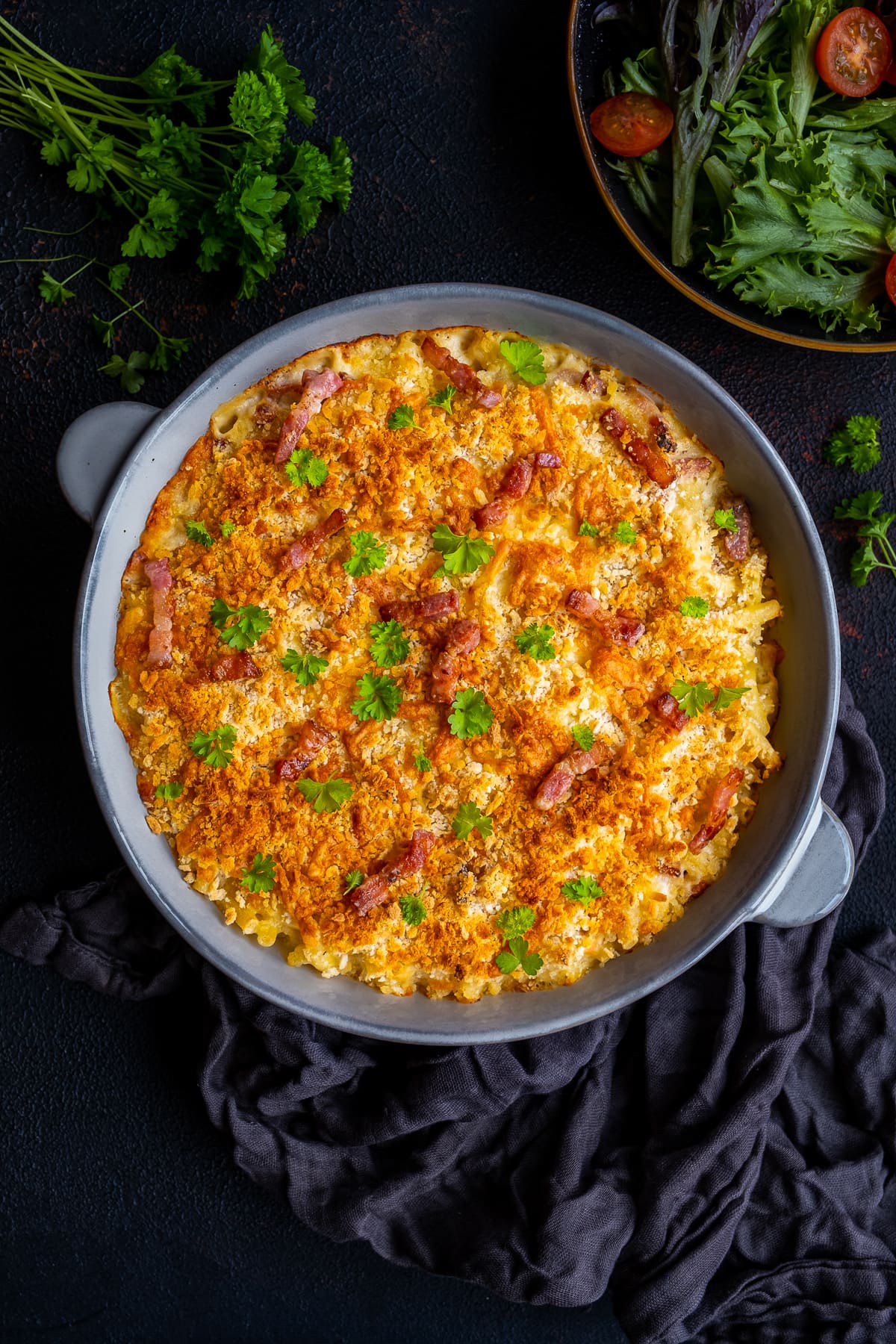 Overhead shot of Easy Bacon Macaroni Cheese in the dish 