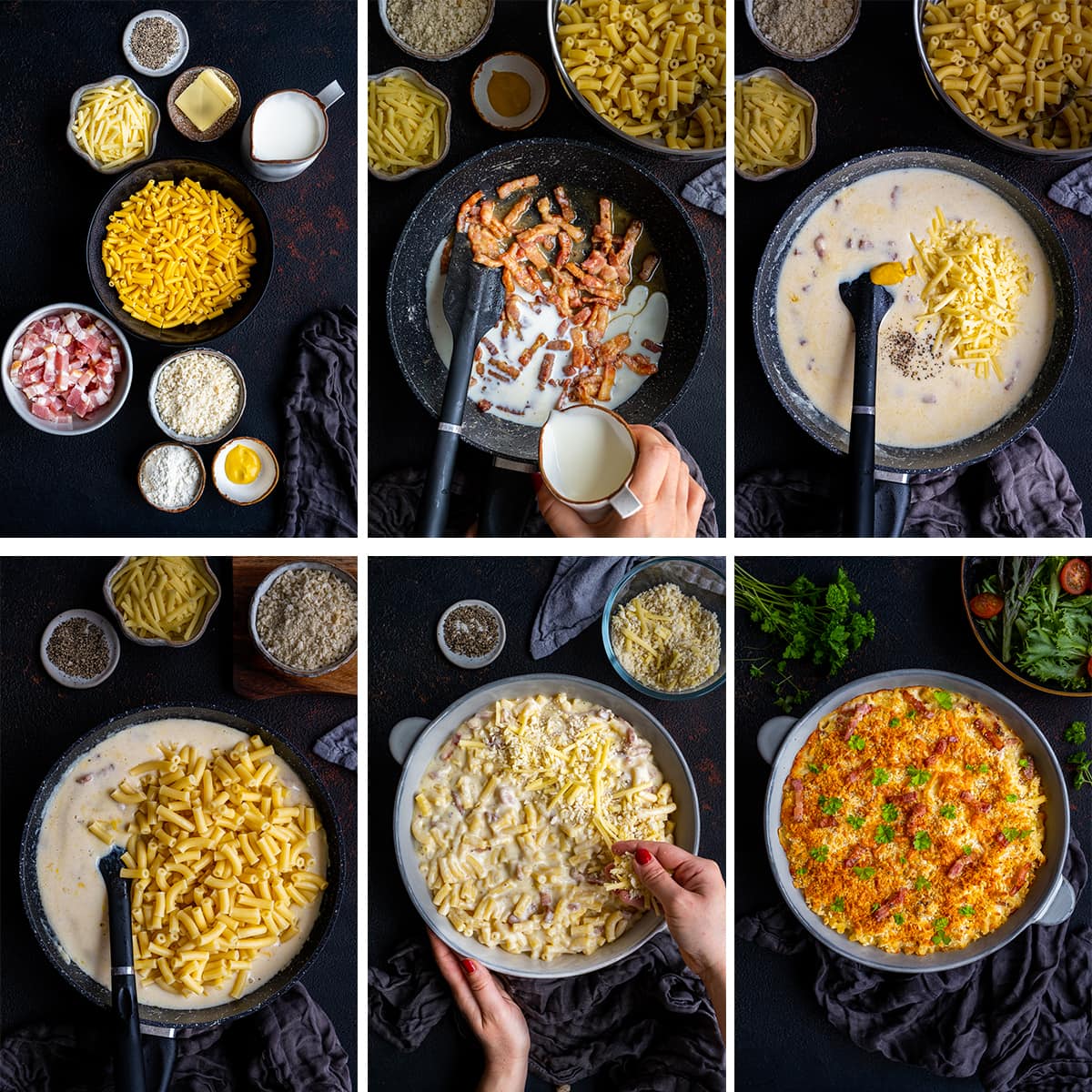 Collage showing 6 process shots for Easy Bacon Macaroni Cheese