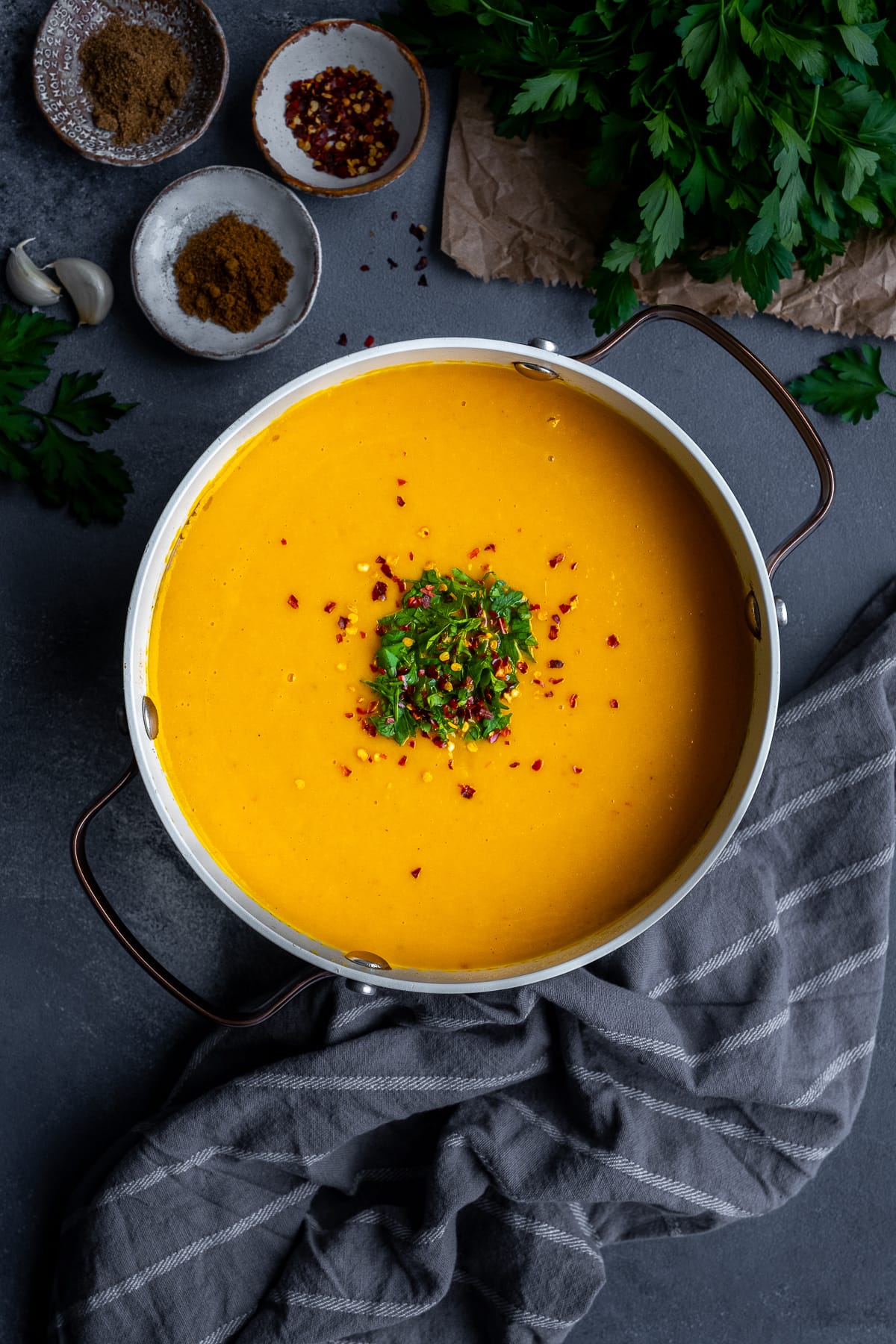 An overhead shot of Easy Carrot and Butternut Squash Soup in the pan.