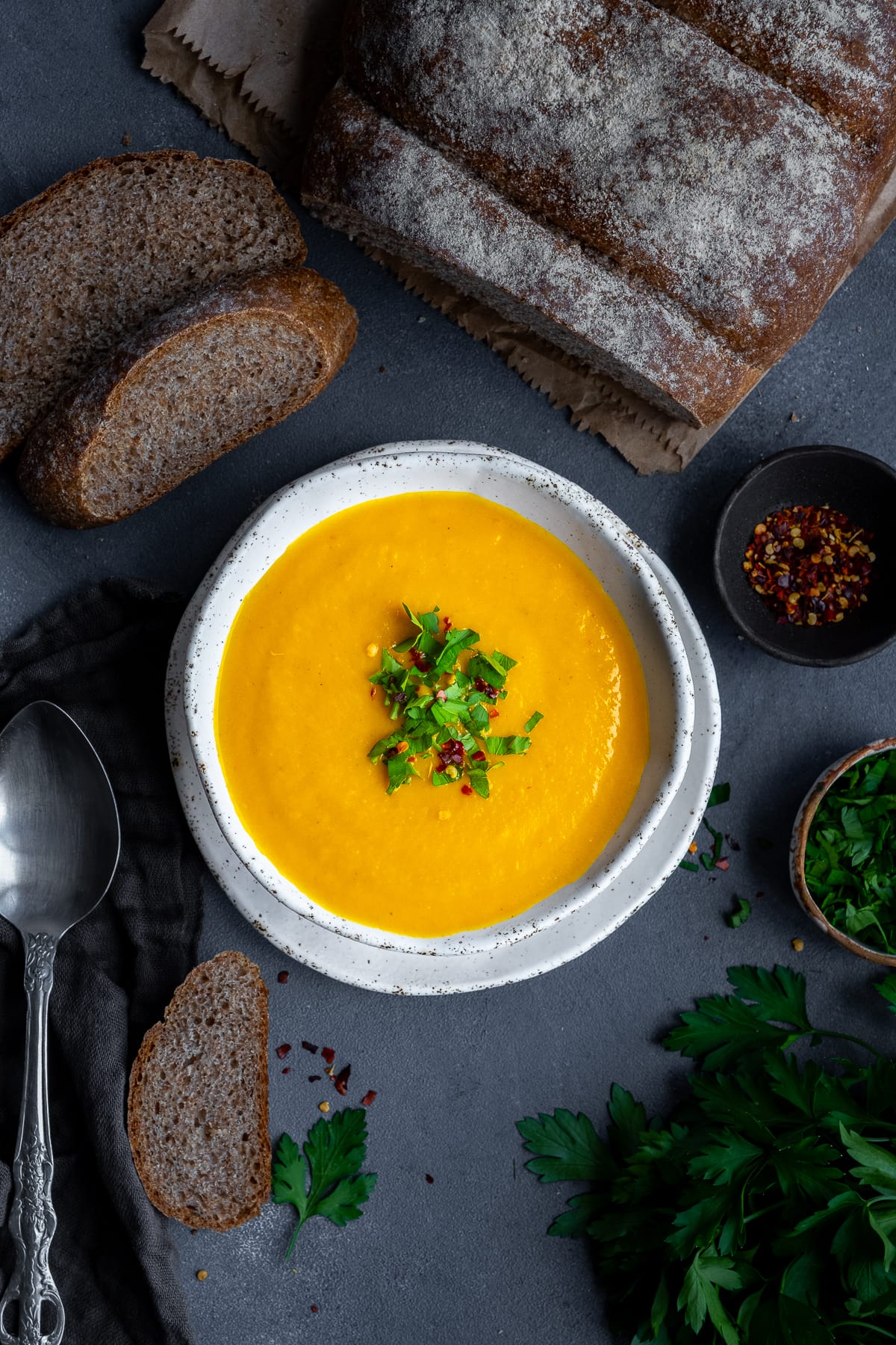 Overhead shot of 1 bowl of Easy Carrot and Butternut Squash Soup