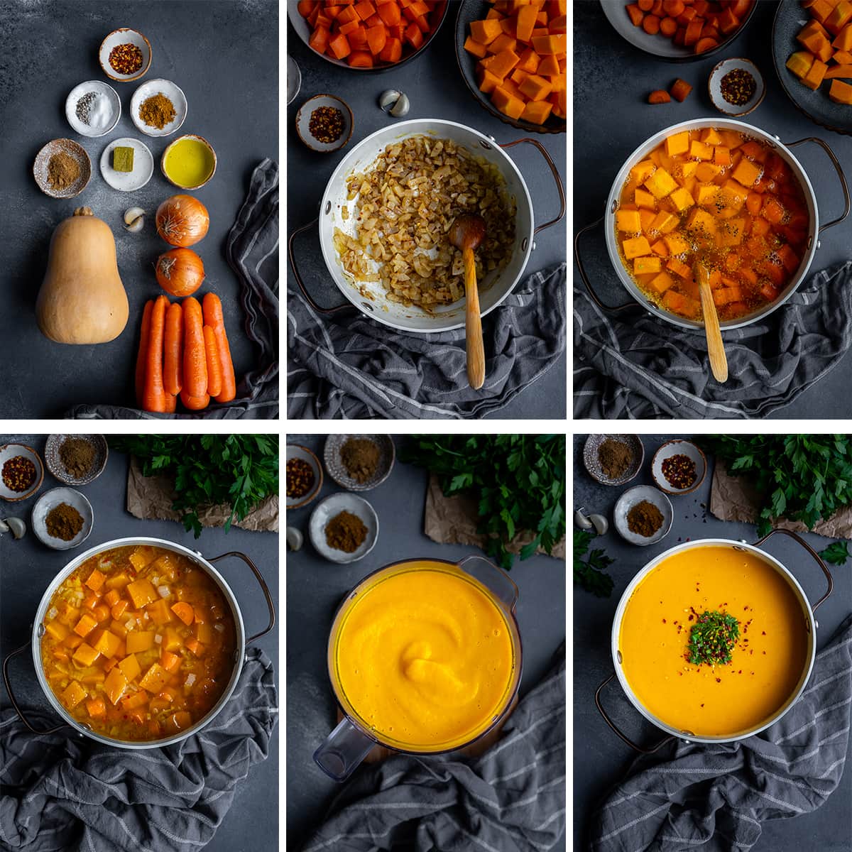 Collage showing 6 process shots for Easy Carrot and Butternut Squash Soup