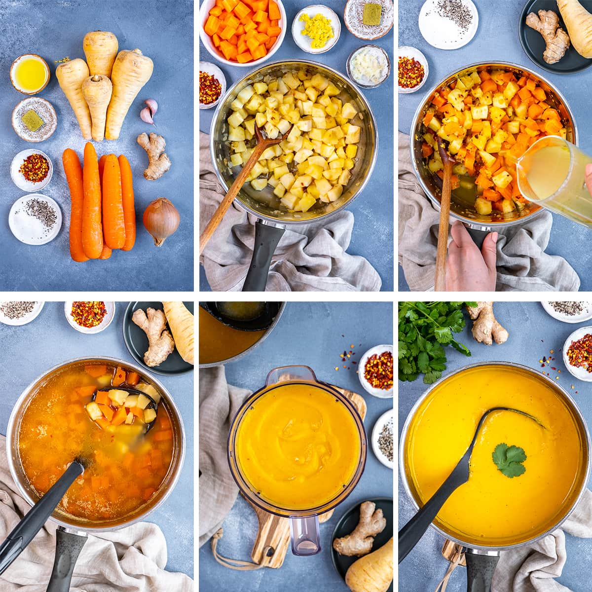 Collage showing 6 process shots for Easy Carrot and Parsnip Soup