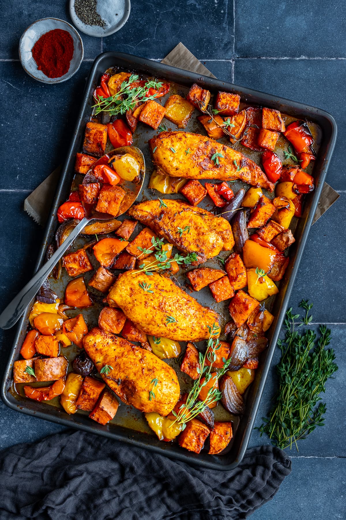 Overhead shot of Easy Chicken Breast Traybake on the tray