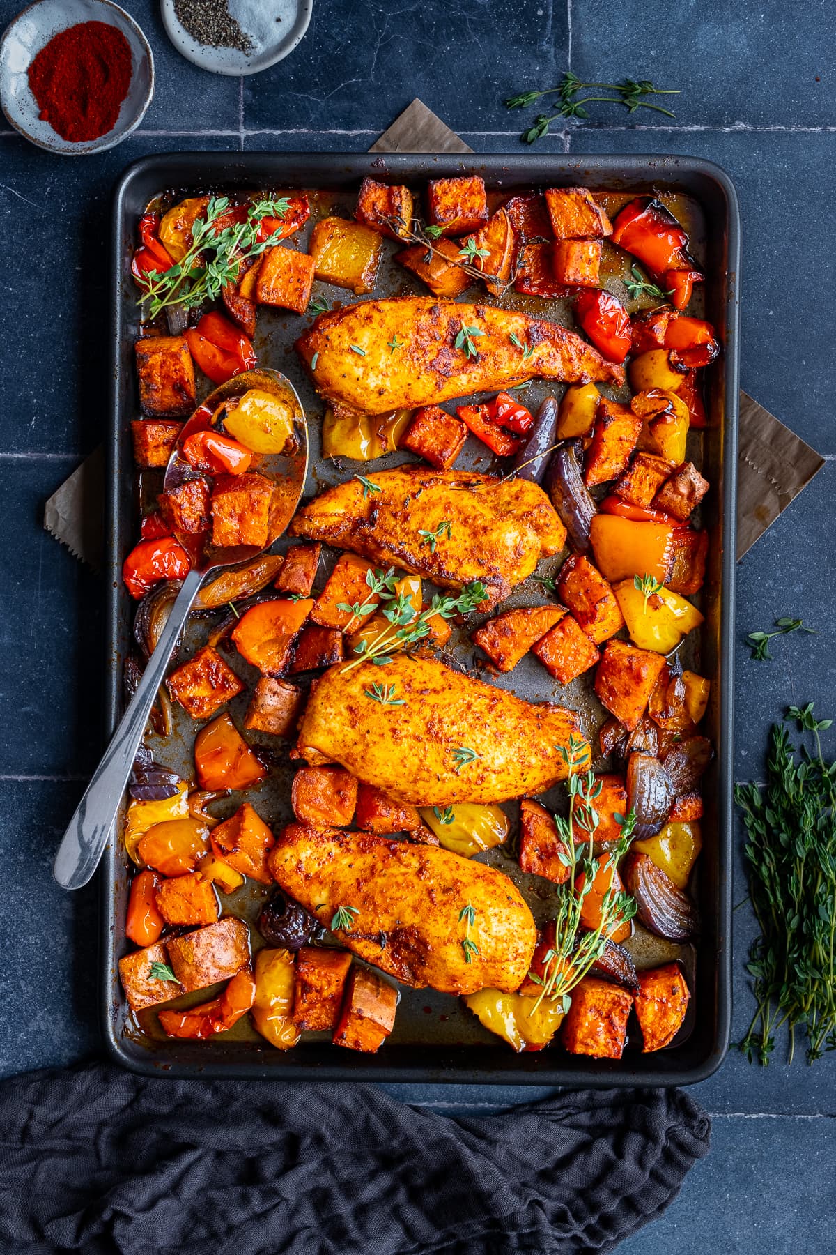 Overhead shot of Easy Chicken Breast Traybake on the tray