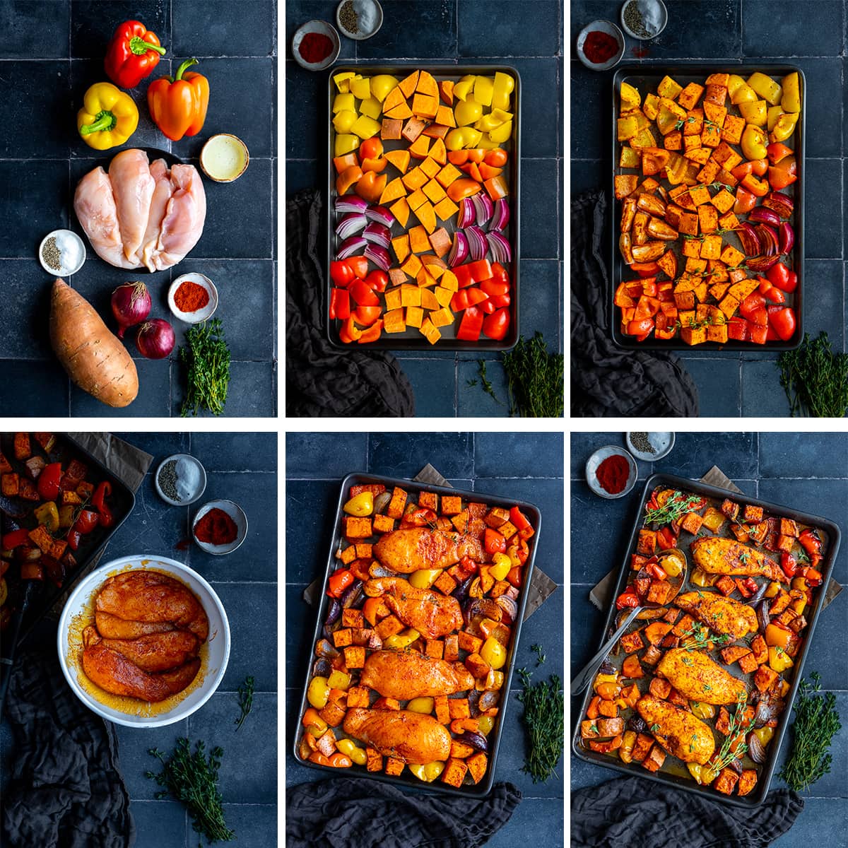 Collage showing 6 process shots for Easy Chicken Breast Traybake