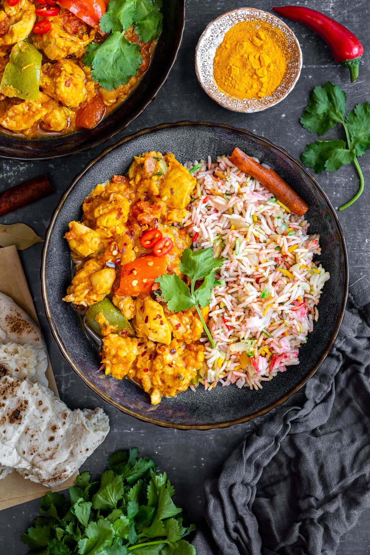 Overhead Shot of Easy Chicken Dhansak in with Multicoloured Pilau Rice