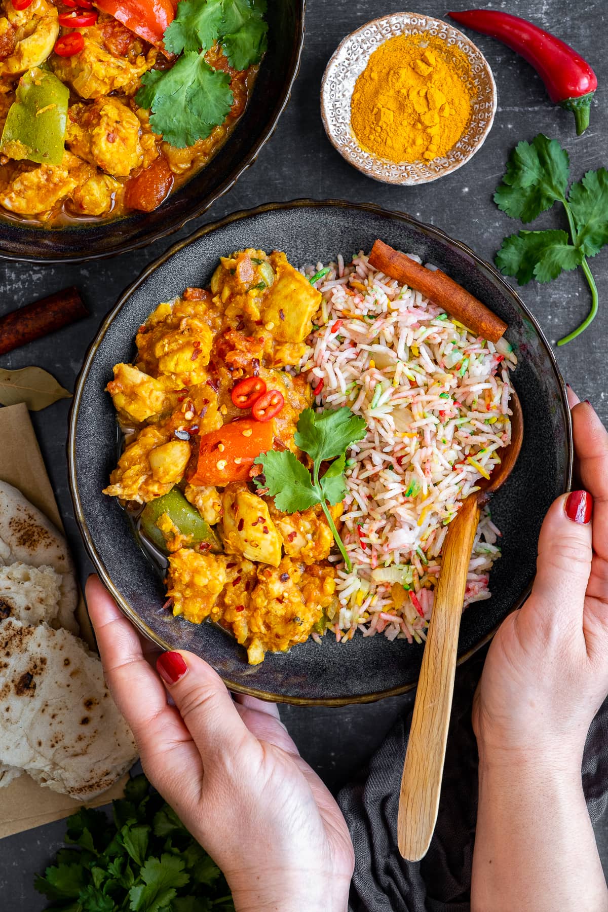 Overhead Shot of Easy Chicken Dhansak in with Multicoloured Pilau Rice