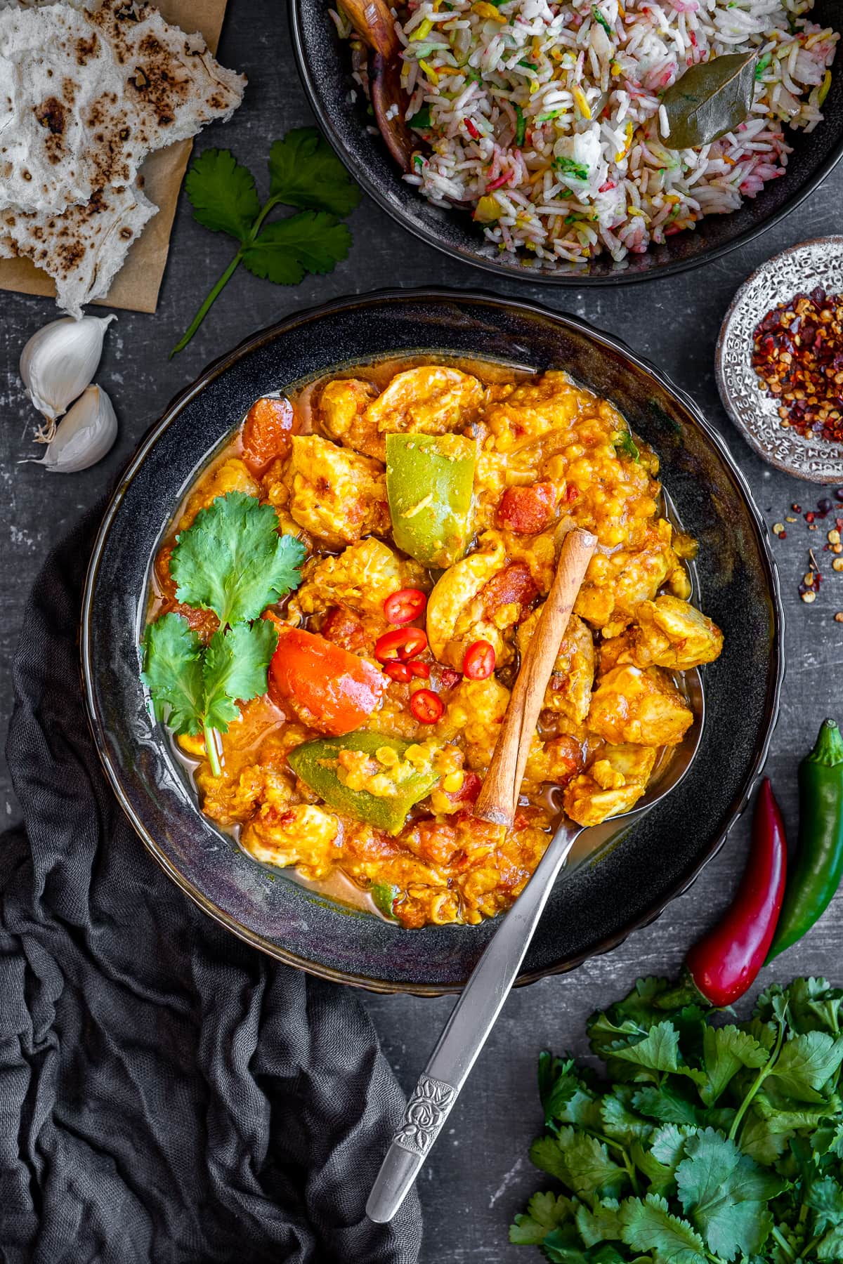 Overhead shot of Easy Chicken Dhansak in a bowl