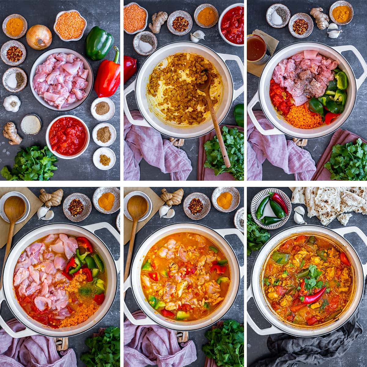 Collage showing 6 process shots for Easy Chicken Dhansak 