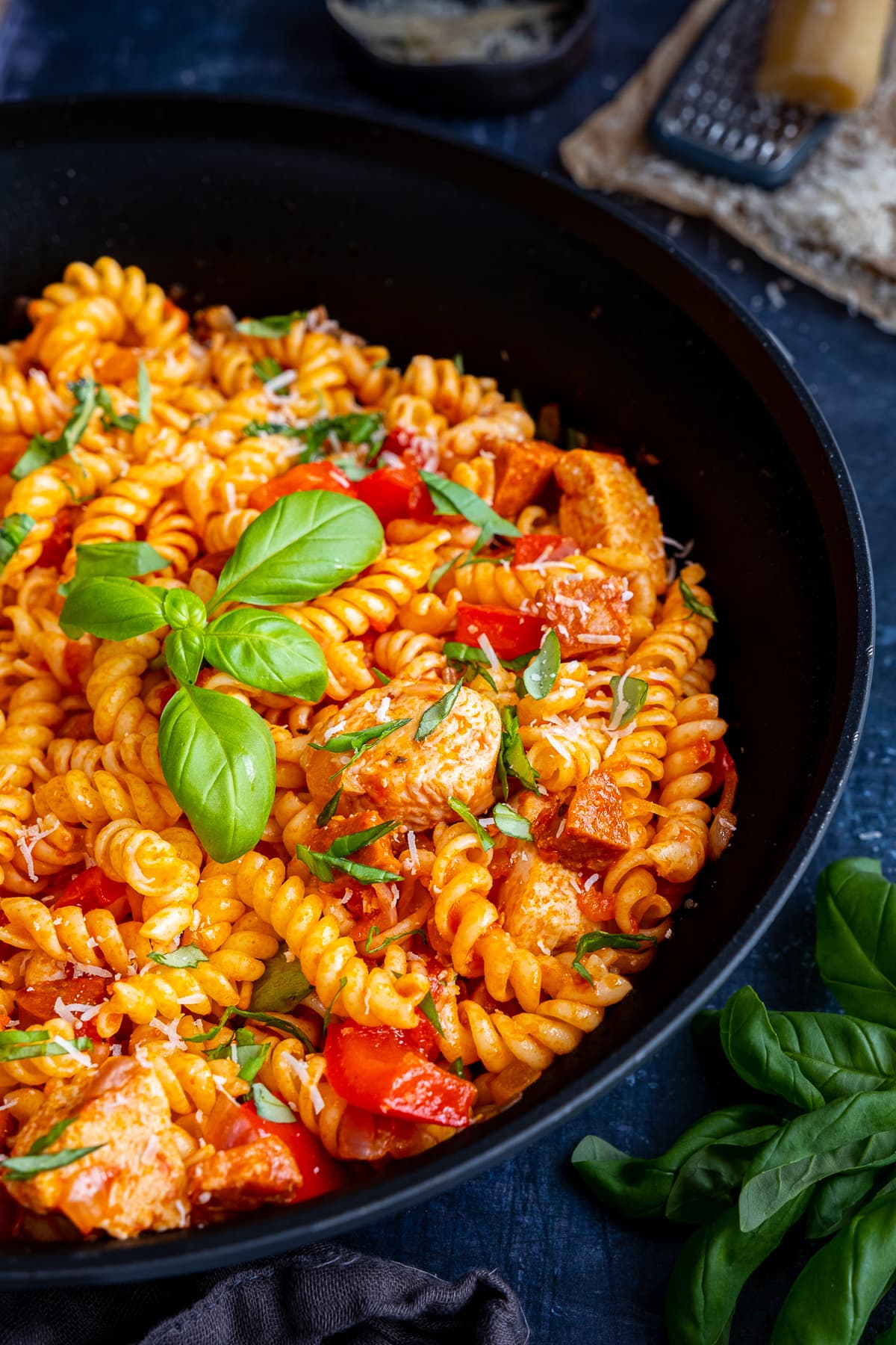 Closeup of Easy Chicken and Chorizo Pasta in the pan