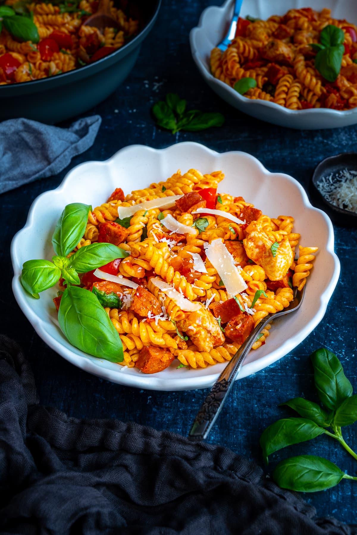 Easy Chicken and Chorizo Pasta in a bowl