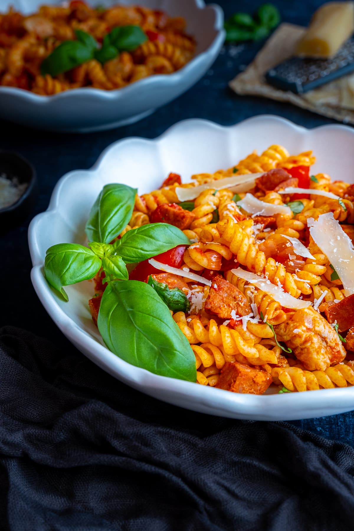 Closeup of Easy Chicken and Chorizo Pasta in a bowl