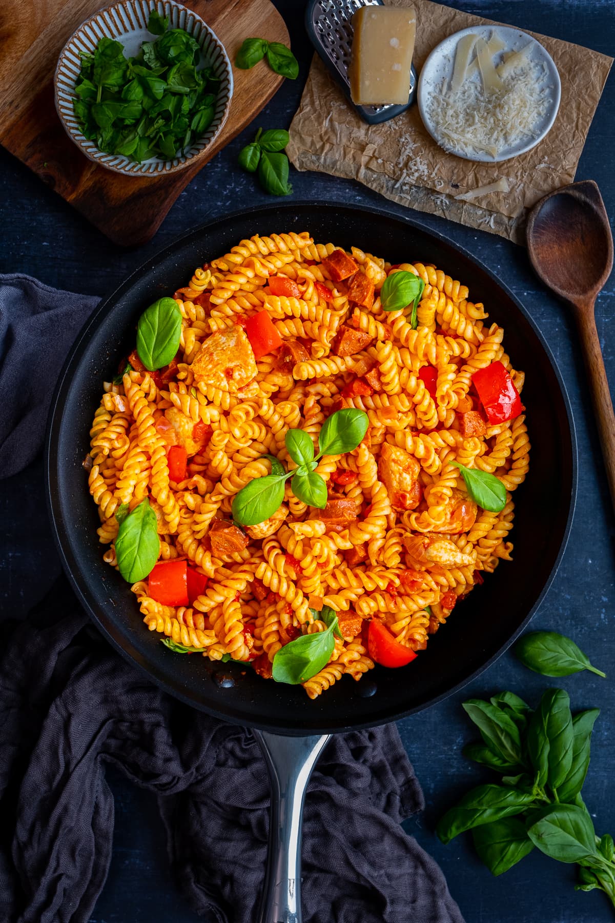 Overhead shot of Easy Chicken and Chorizo Pasta in the pan