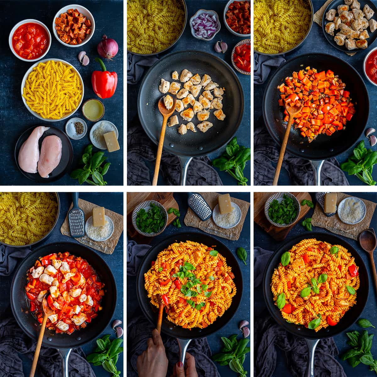 Collage showing 6 process shots for Easy Chicken and Chorizo Pasta