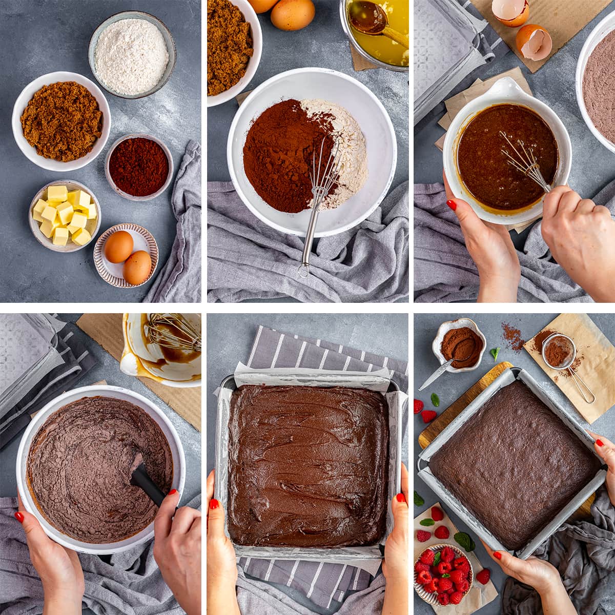 Collage showing 6 process shots for Easy Cocoa Powder Brownies 