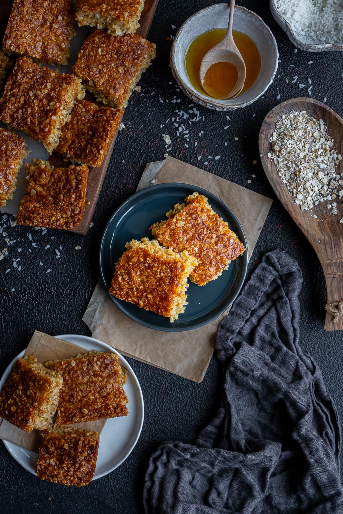 Overhead shot of 2 Easy Coconut Flapjacks on a plate