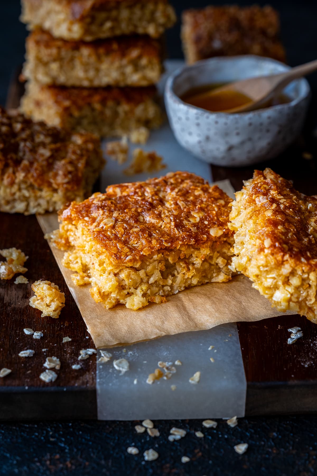 Closeup of 2 squares of Easy Coconut Flapjacks