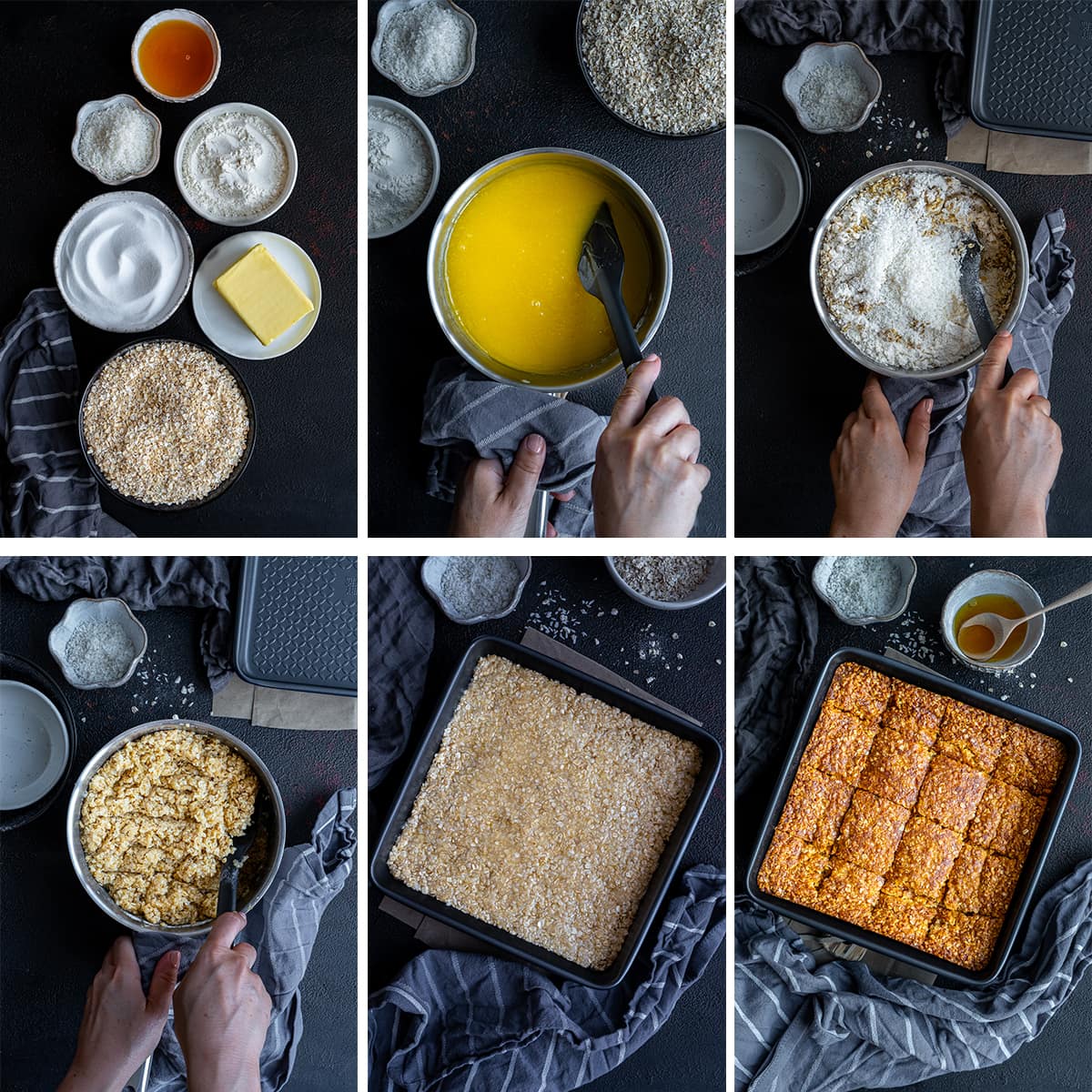 Collage showing 6 process shots for Easy Coconut Flapjacks 