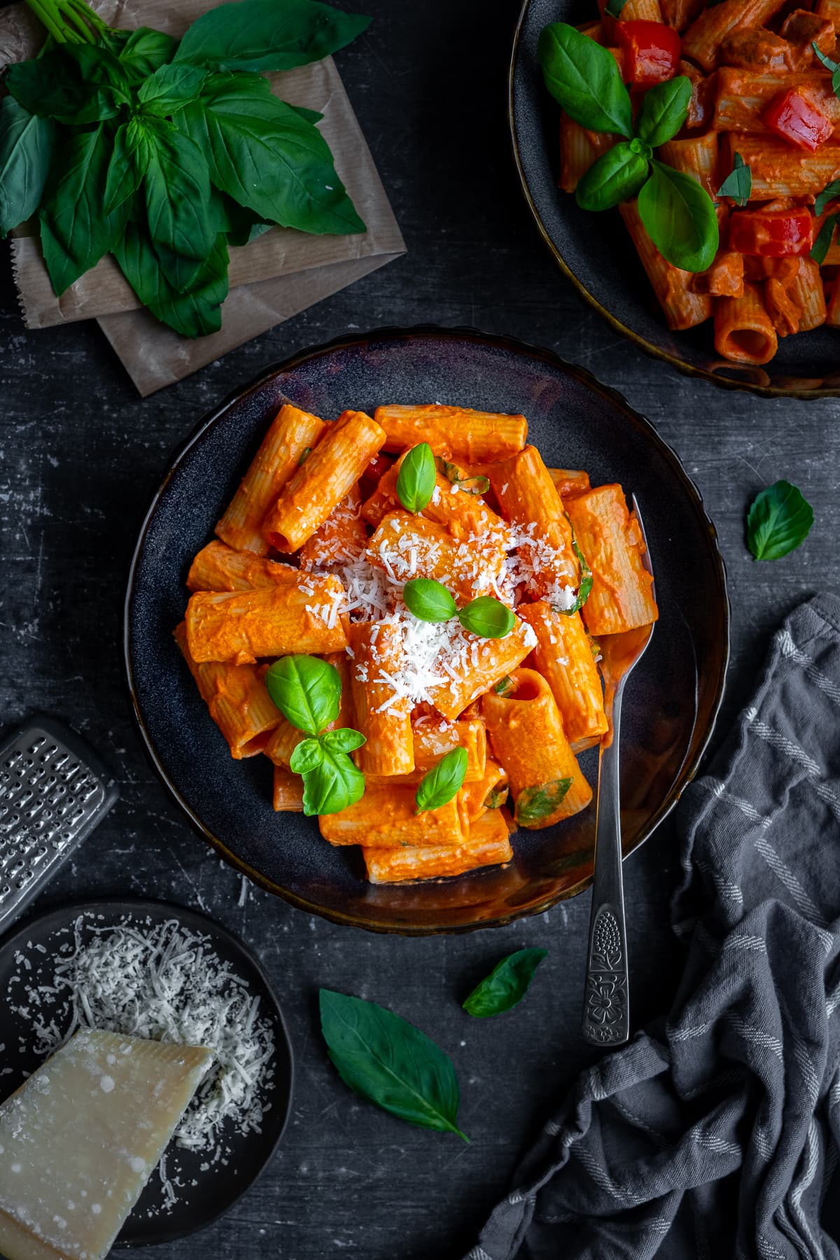 Overhead shot of Easy Creamy Chorizo Pasta with basil and parmesan