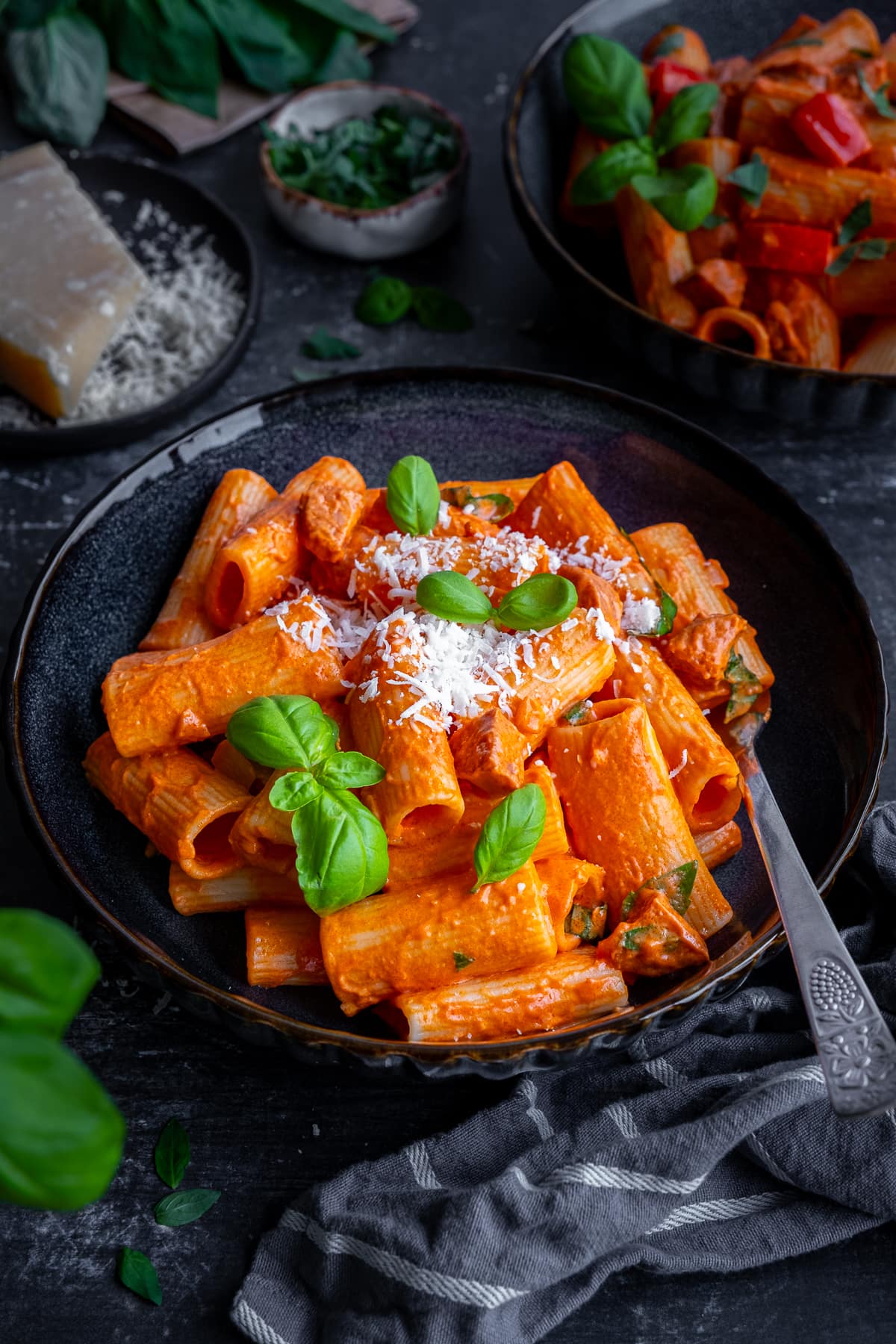 Easy Creamy Chorizo Pasta in a black bowl