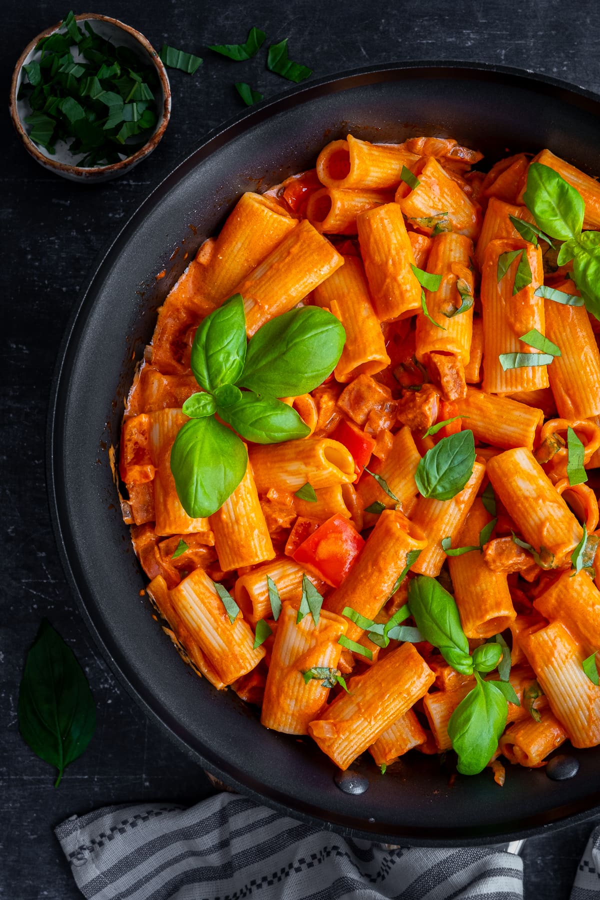 Closeup of Easy Creamy Chorizo Pasta in the pan