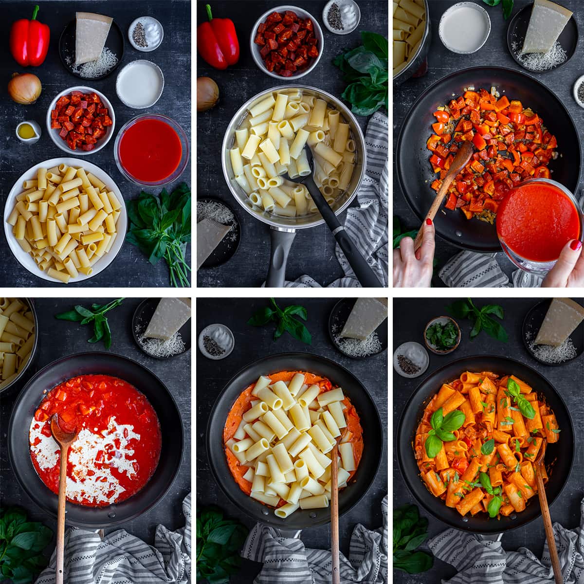 Collage showing 6 process shots for Easy Creamy Chorizo Pasta