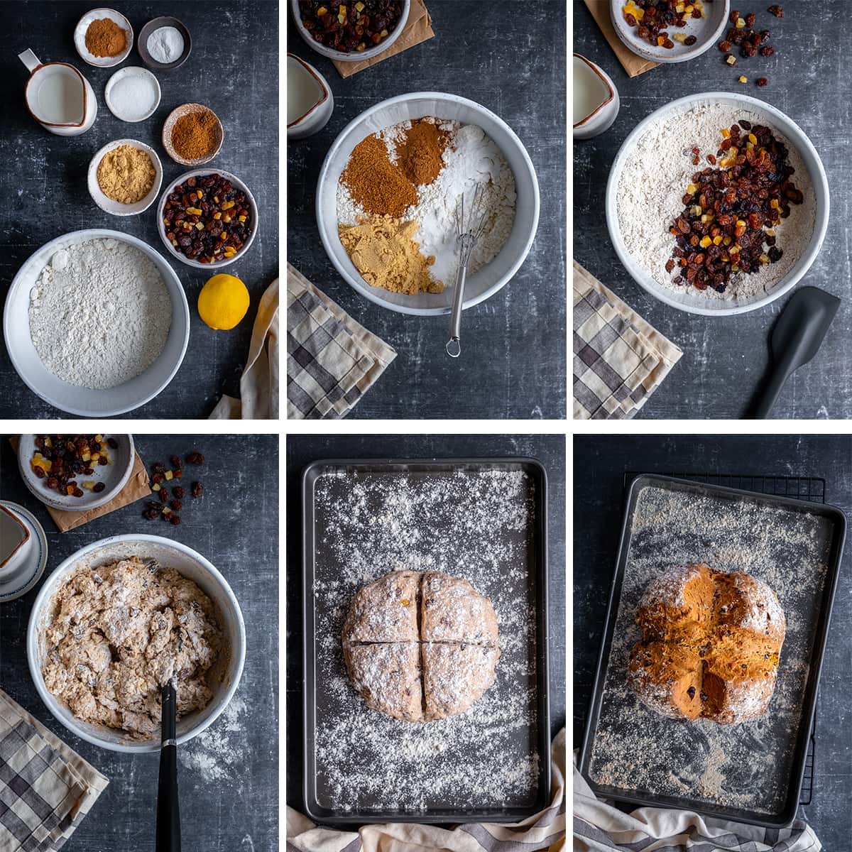 Collage showing 6 process shots for Easy Fruit Soda Bread