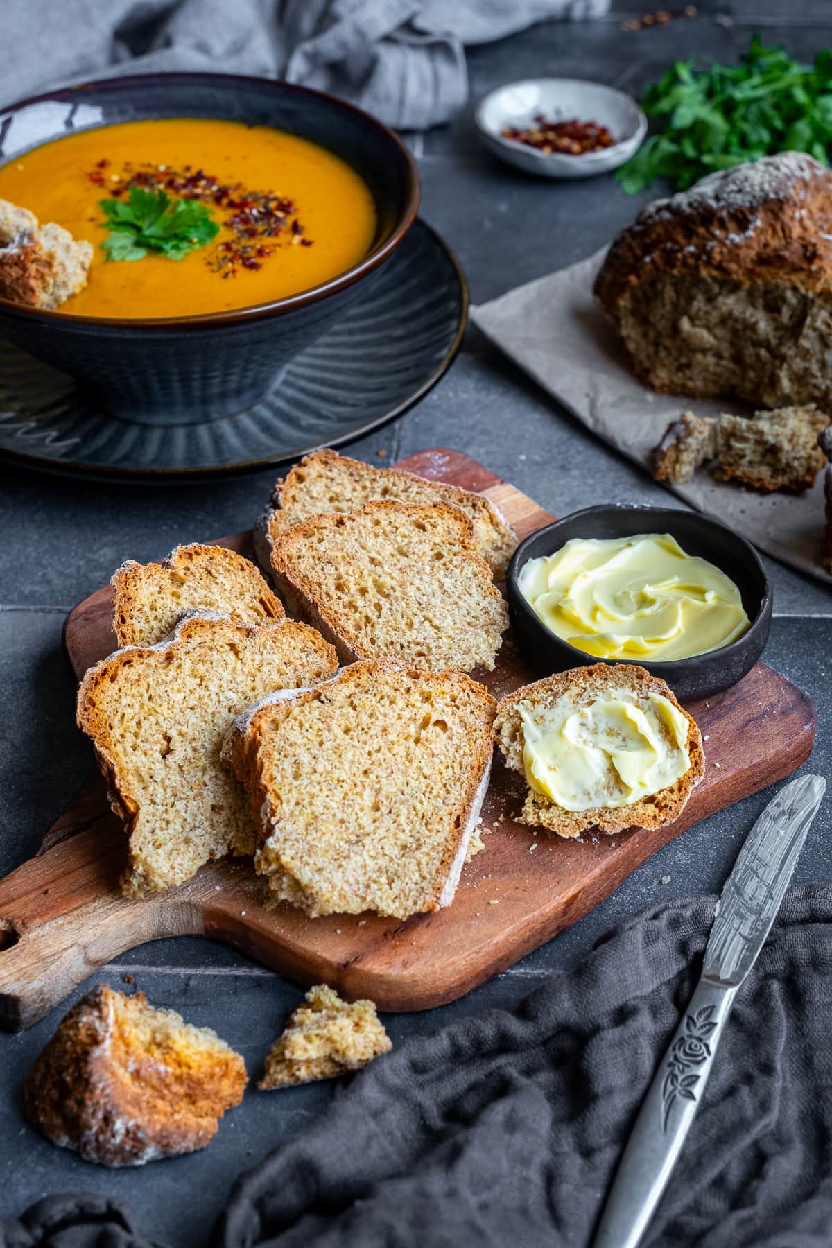 Easy Irish Soda Bread with Yogurt sliced on a board.