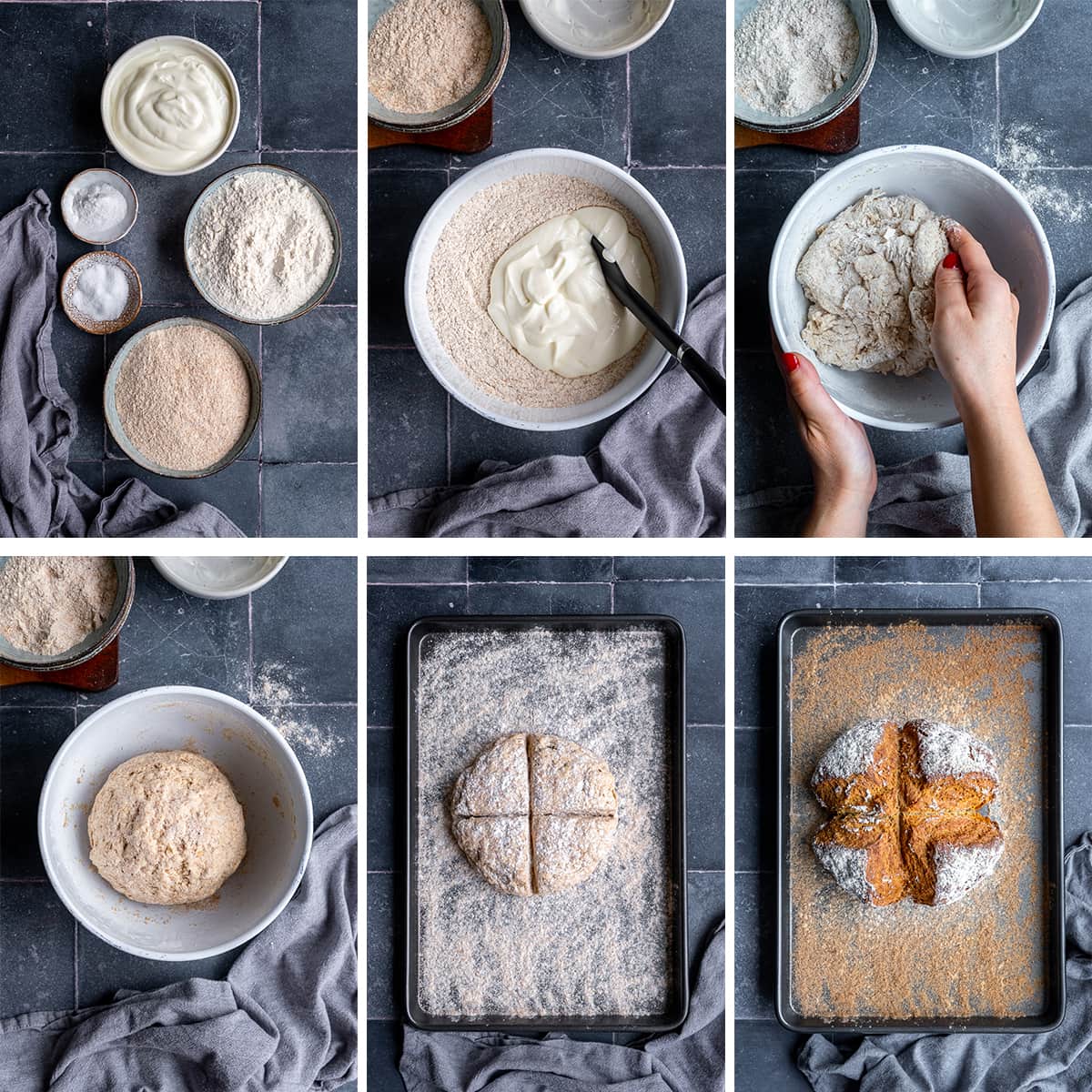 Collage showing 6 process shots for Easy Irish Soda Bread with Yogurt