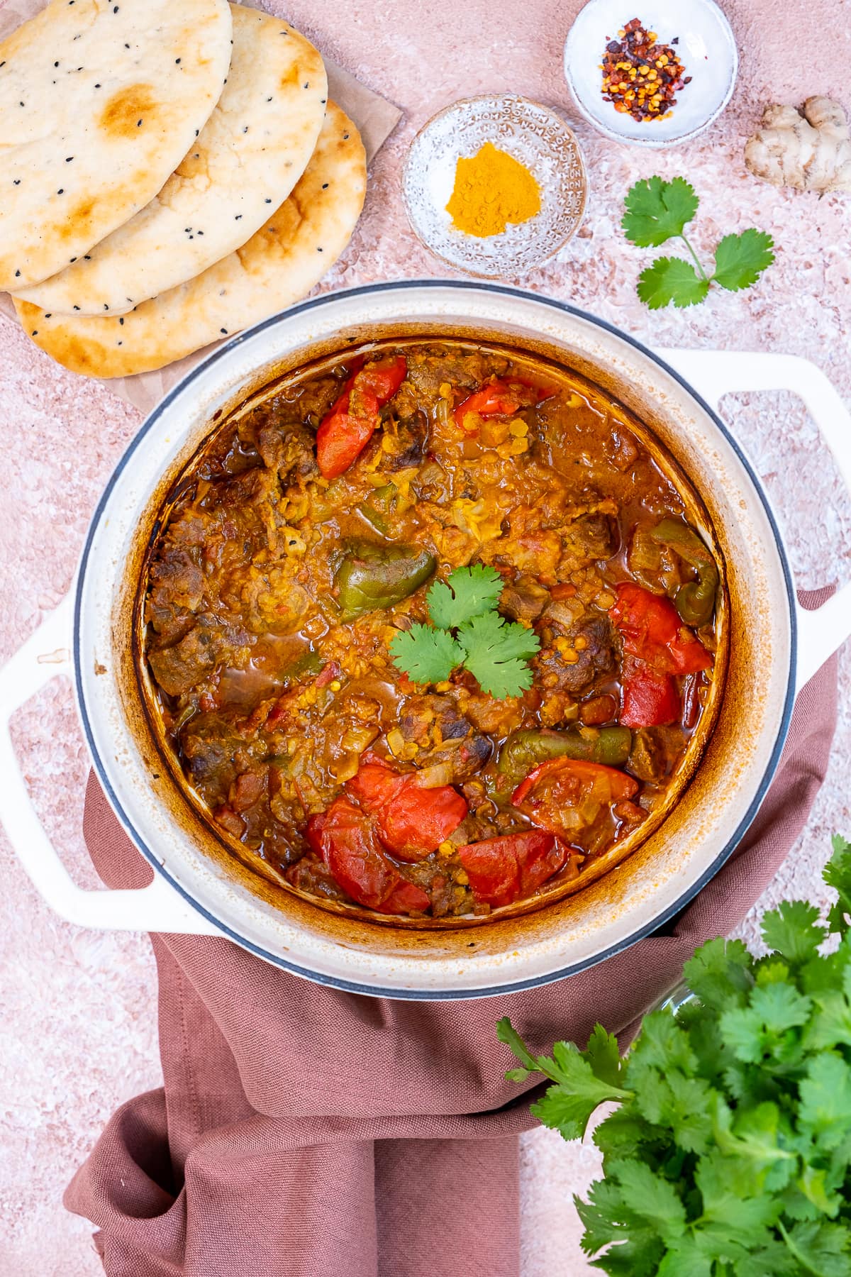 Overhead shot of Easy Lamb Dhansak in the pot