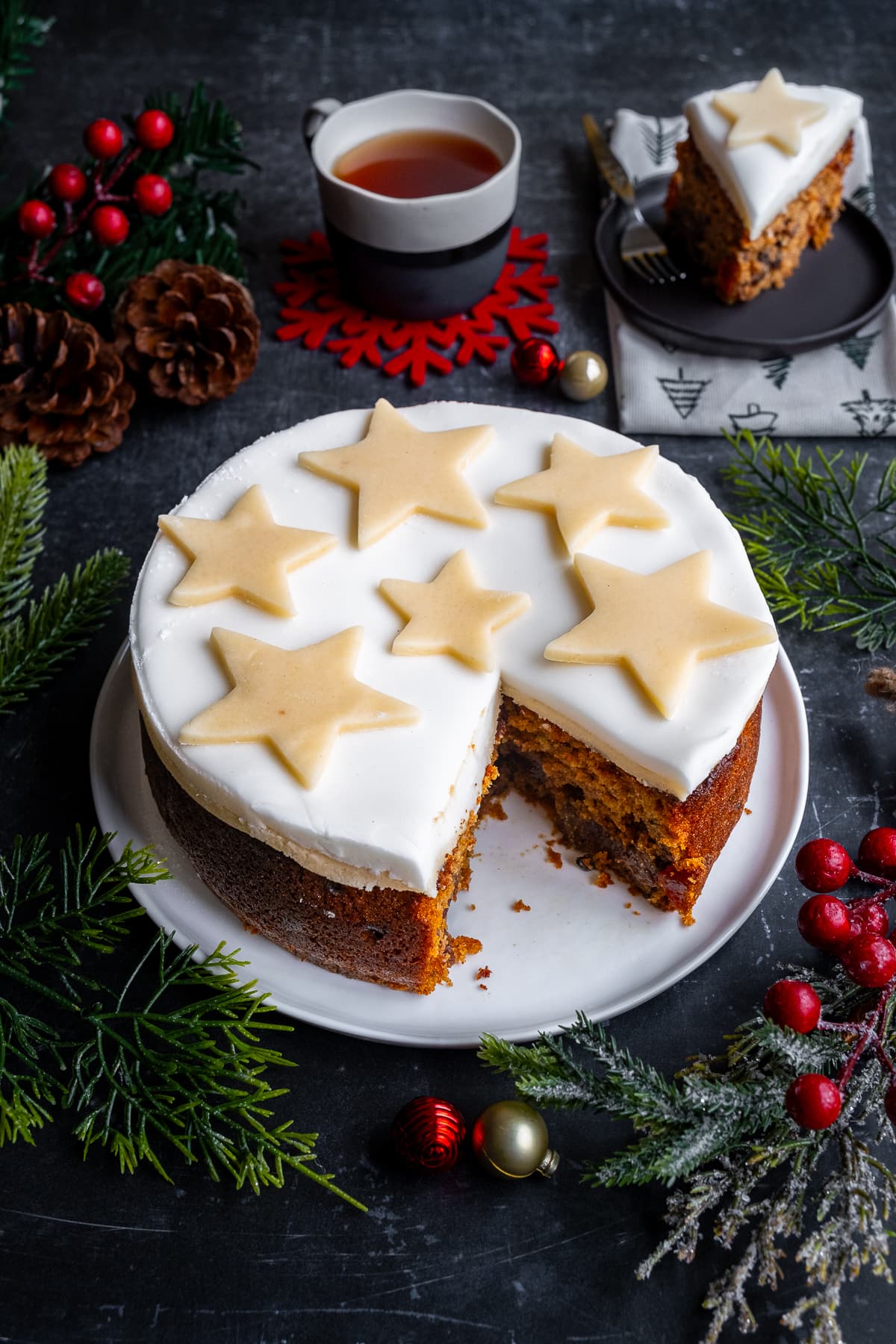 Easy Mincemeat Christmas Cake - with one slice cut out