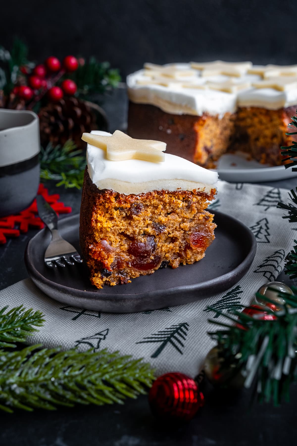 Closeup of one slice of Easy Mincemeat Christmas Cake