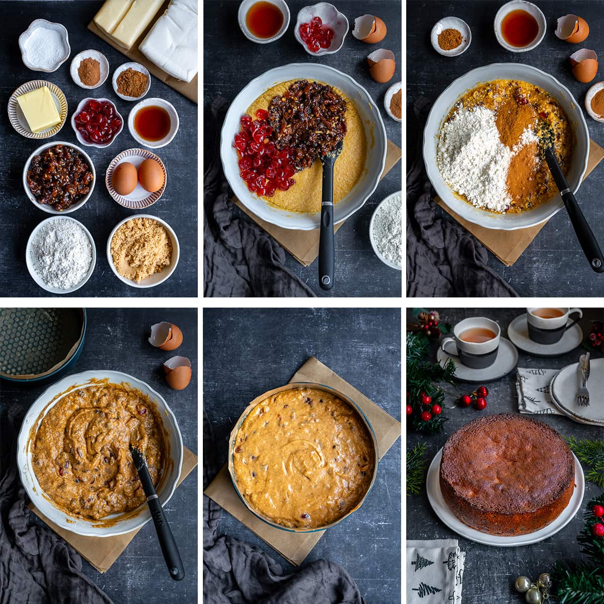 Collage showing 6 process shots for making Easy Mincemeat Christmas Cake