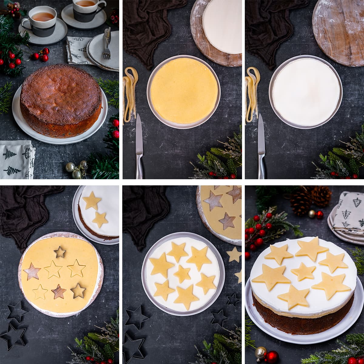 Collage showing 6 process shots for decorating Easy Mincemeat Christmas Cake